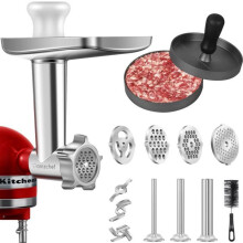 Grinder attachment for KitchenAid mixer, 3 sausage stuffing tubes and holders, 4 discs, 2 blades, hamburger press