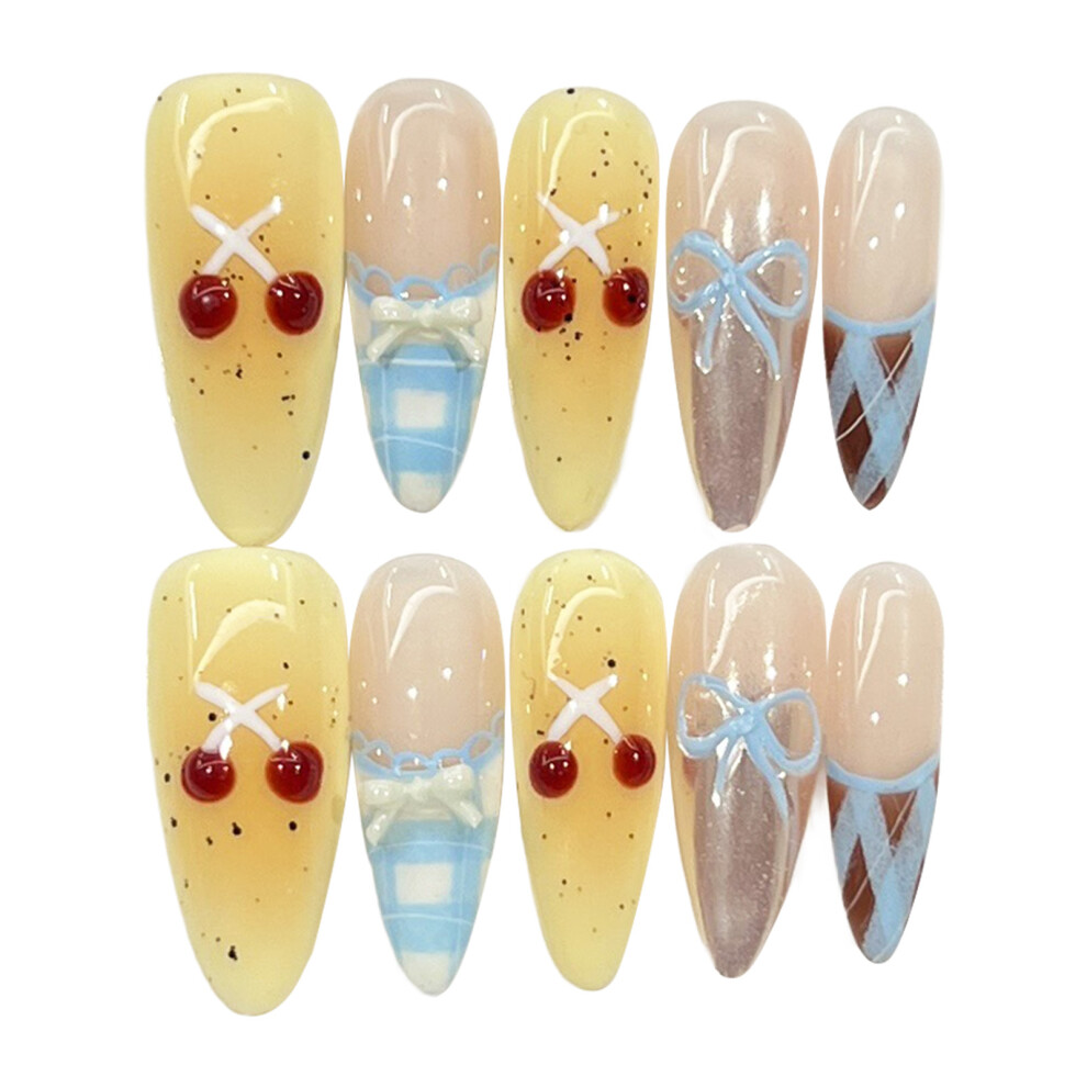 Creation-3C (Xs) 10Pcs Nude/Yellow Long Fake Nails French Tip Party Wear