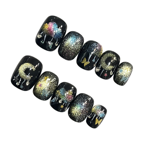 (L) 10PCS Black Rainbow Cat Eye Press-On Nails 1