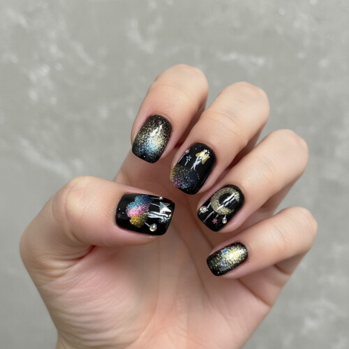 (XS) 10PCS Black Rainbow Cat Eye Press-On Nails 2