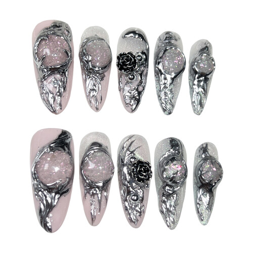 (S) Glossy Pink Cat Eye Artificial Nails for Manicure 2