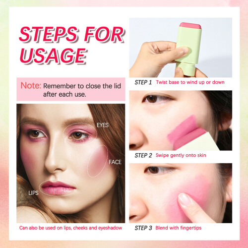 Cream Blush Stick 19g, 3D High Color, Smooth Rotatable Blusher 2
