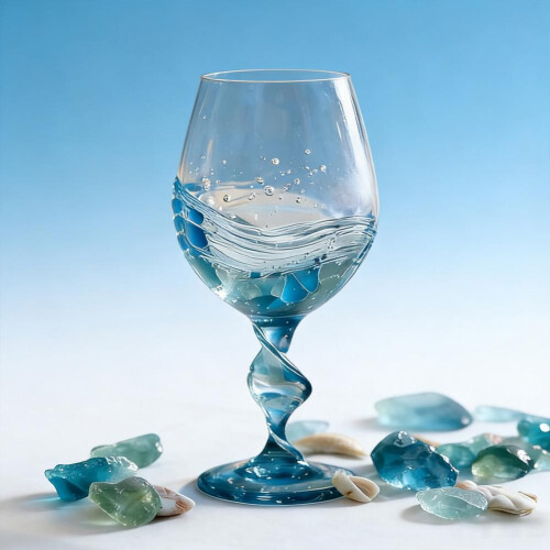 (A) Handle Wine Glass with Gradient Blue-Green Tone Unique Wave Texture Design Handheld Spiral Wine Cup 1