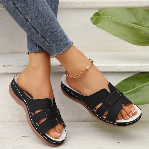 (Black, 40) Women\'s Open-Toe PU Leather Sandals 1