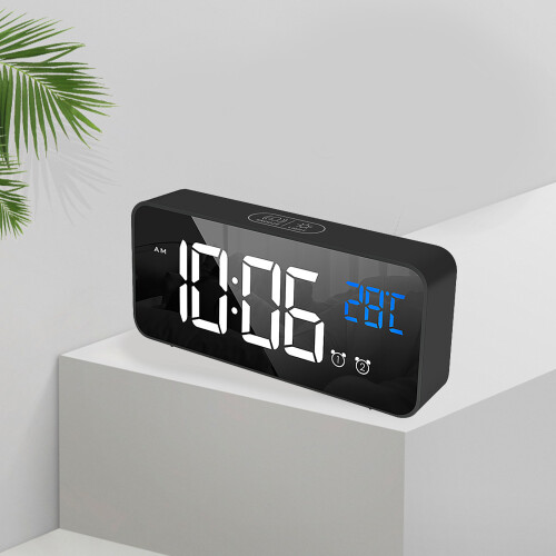 Multifunctional LED Alarm Clock with Mirrored Surface, Silent Bedside Decor, Black 2