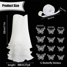White Flower Wrapping Paper Kit 4.37 Yards Pearl Lace Mesh for Bouquets, Wave Tulle with Ribbons and 3D Butterflies
