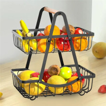 Double Layer Fruit Basket with Wooden Handle Multifunctional Storage Rack Countertop Organizer Heavy Duty Metal Fruit