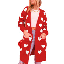 (S, Red) Women Open Front Duster Sweaters Casual Heart Print Knitted Cardigans with Pockets Warm Fall Knitwear for Streetwear