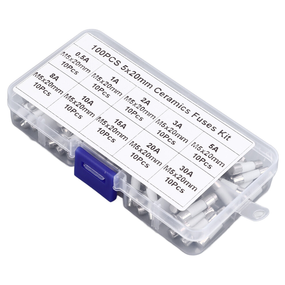 100Pcs 5X20mm Ceramic Tube Fuses Assortment Kit 250V 0.5A-30A Multi-Purpose 8441388638645