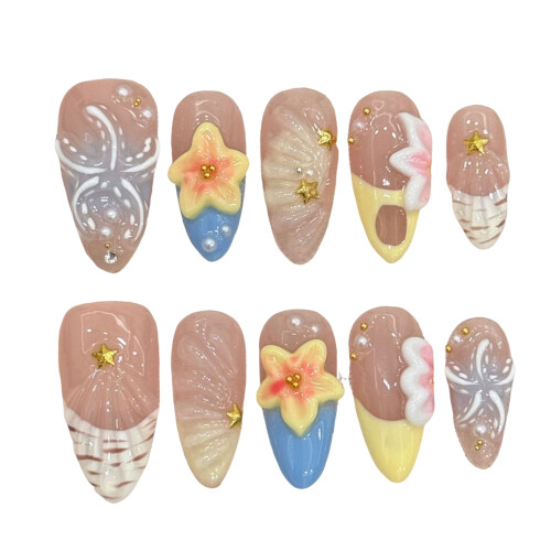 (L) Star Almond False Nails - 10PCS Reusable 2