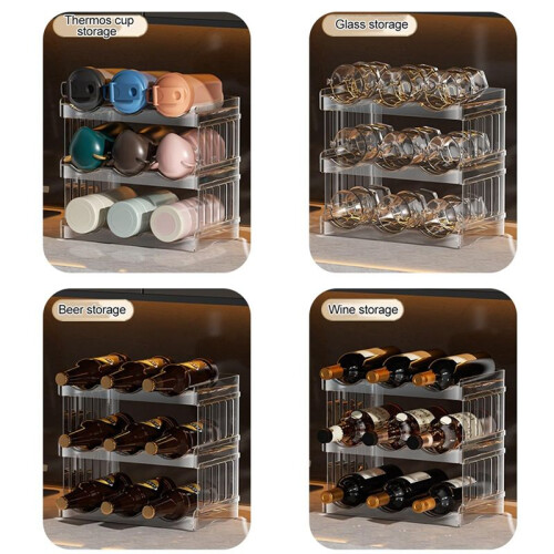 Plastic Water Bottle Organizer and Wine Rack Storage Holder,3 Tier 9Containers Stackable Standing Bottle Storage Rack