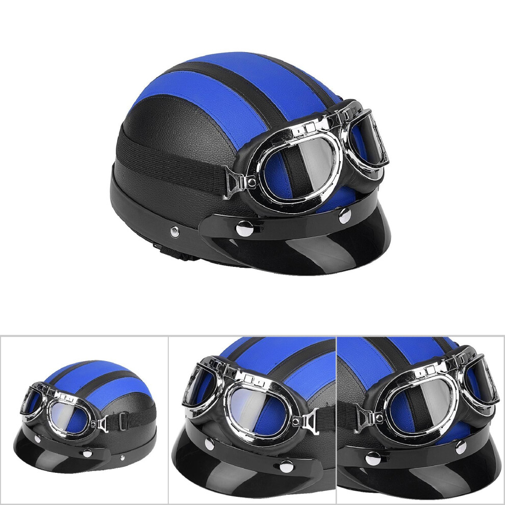 Synthetic Leather Motorcycle Scooter Half Helmet & Uv Goggles Blue 6911393035156