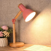 1PCS Vintage LED Desk Lamp, Nordic Wooden Table Lamp with Adjustable Arm, Children's Bedside Lamp for Boys and Girls – E27 Base (Pink)
