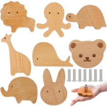 8 houten ladetrekkers met dierenmotieven, houten kastknoppen, decoratieve houten ladeknoppen met schroeven