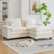 Chenille Sectional Sofa with Ottoman and Lumbar Pillows, White