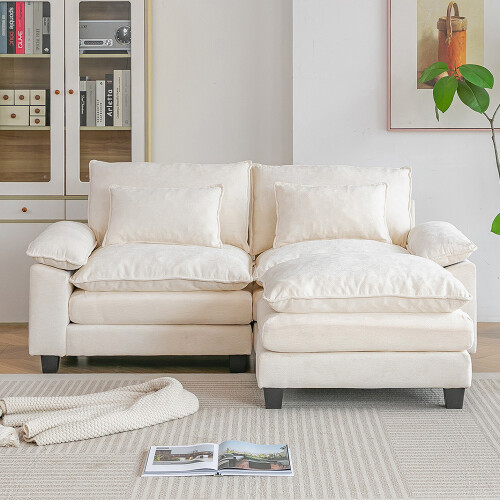 Living And Home Chenille Sectional Sofa with Ottoman and Lumbar Pillows, White 1