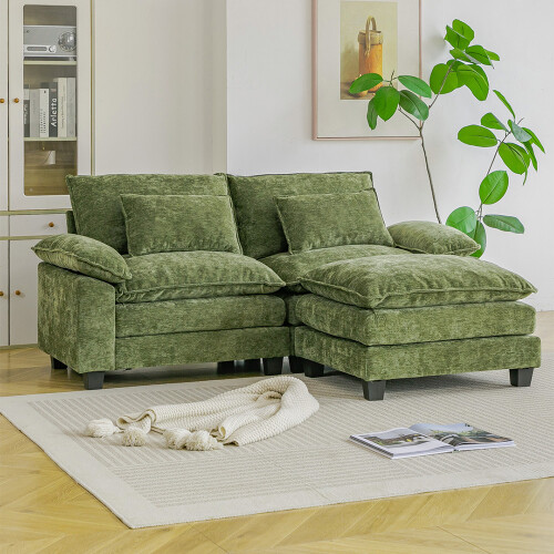 Living And Home Chenille Sectional Sofa with Ottoman and Lumbar Pillows, Green