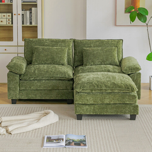 Living And Home Chenille Sectional Sofa with Ottoman and Lumbar Pillows, Green 1