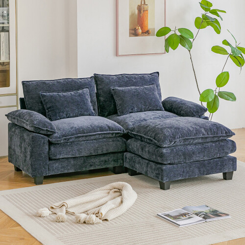 Living And Home Chenille Sectional Sofa with Ottoman and Lumbar Pillows, Dark Blue