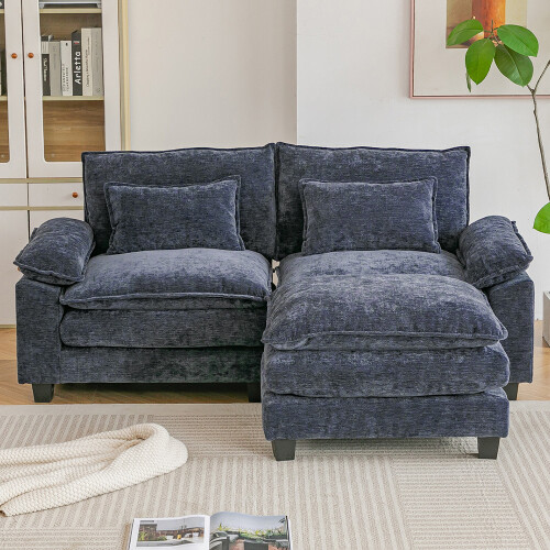 Living And Home Chenille Sectional Sofa with Ottoman and Lumbar Pillows, Dark Blue 1