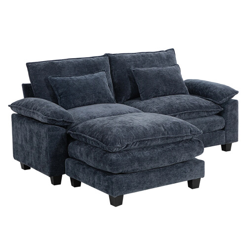 Living And Home Chenille Sectional Sofa with Ottoman and Lumbar Pillows, Dark Blue 2
