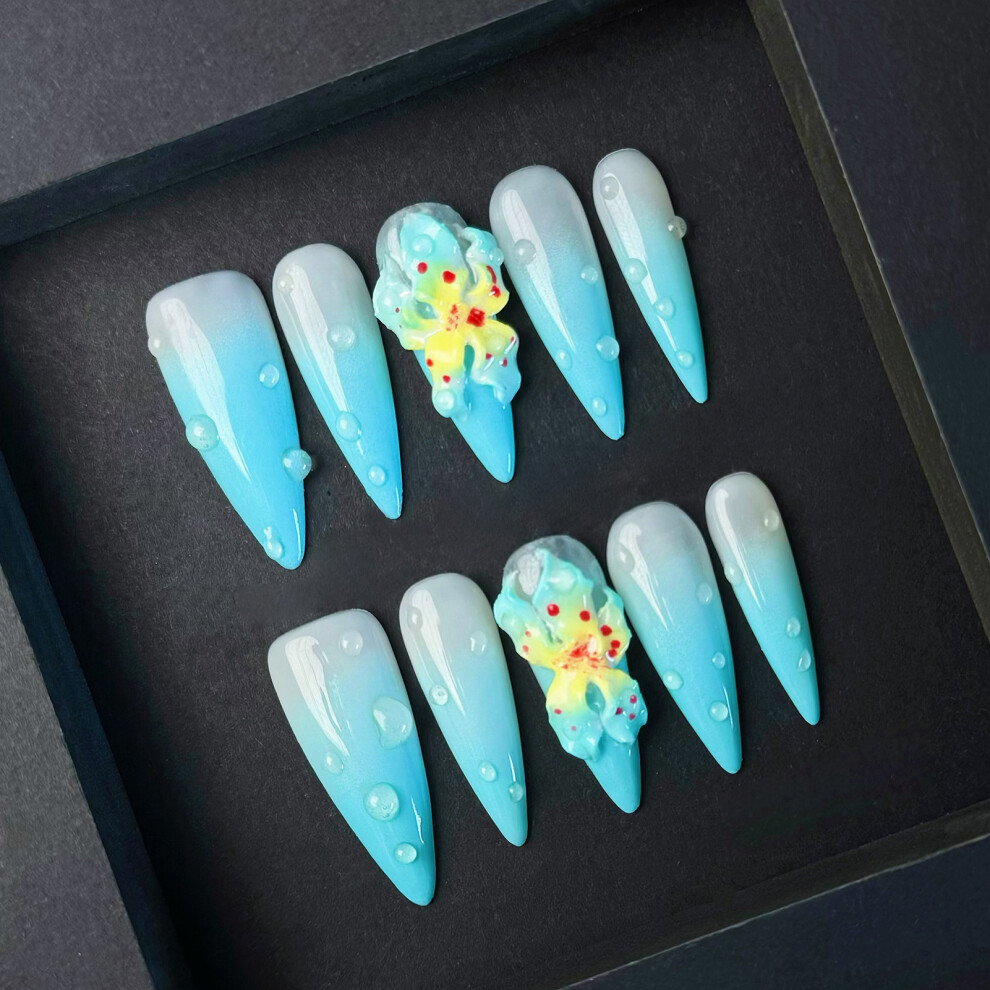 Penghui-Toys (S) Blue Smudging Fake Nails With Water Drop Natural Unbreakable Nail Simple Wear For Women And Girl Nail Salon