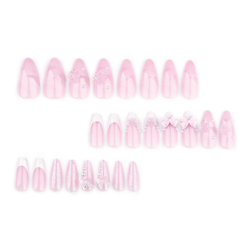 Hue-Grain Pink Floral Fake Nails With Pearls