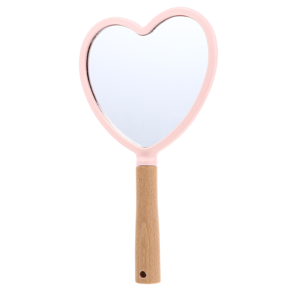 Happyyami Pink Portable Cosmetic Makeup Mirror Wood Handle Handheld Design