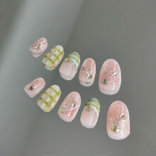 (S) 10pcs Almond French Fake Nails Pink & Green