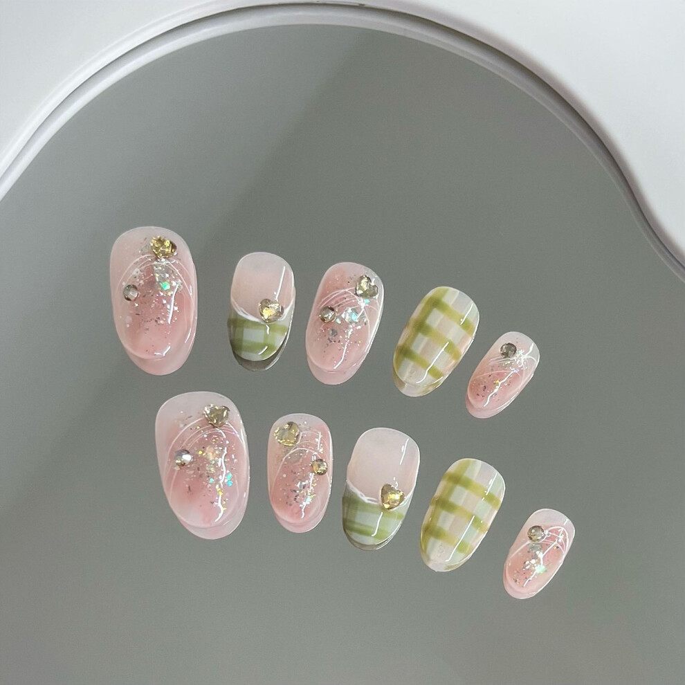Dachuang Beauty Pink/Green (M) 10Pcs Almond French Fake Nails &