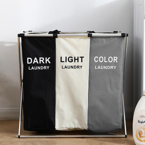 Living And Home 3-Section Foldable Laundry Basket with Aluminum Frame