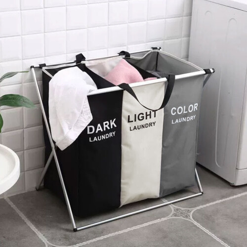 Living And Home 3-Section Foldable Laundry Basket with Aluminum Frame 1