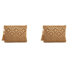 2X Borsa da Donna Nel Cotone Tessuto Un Mano Borsa Nel Paglia Borsa Portamonete Borsa per Cellulare Borsa Pochette Borsa con Nappe Cachi