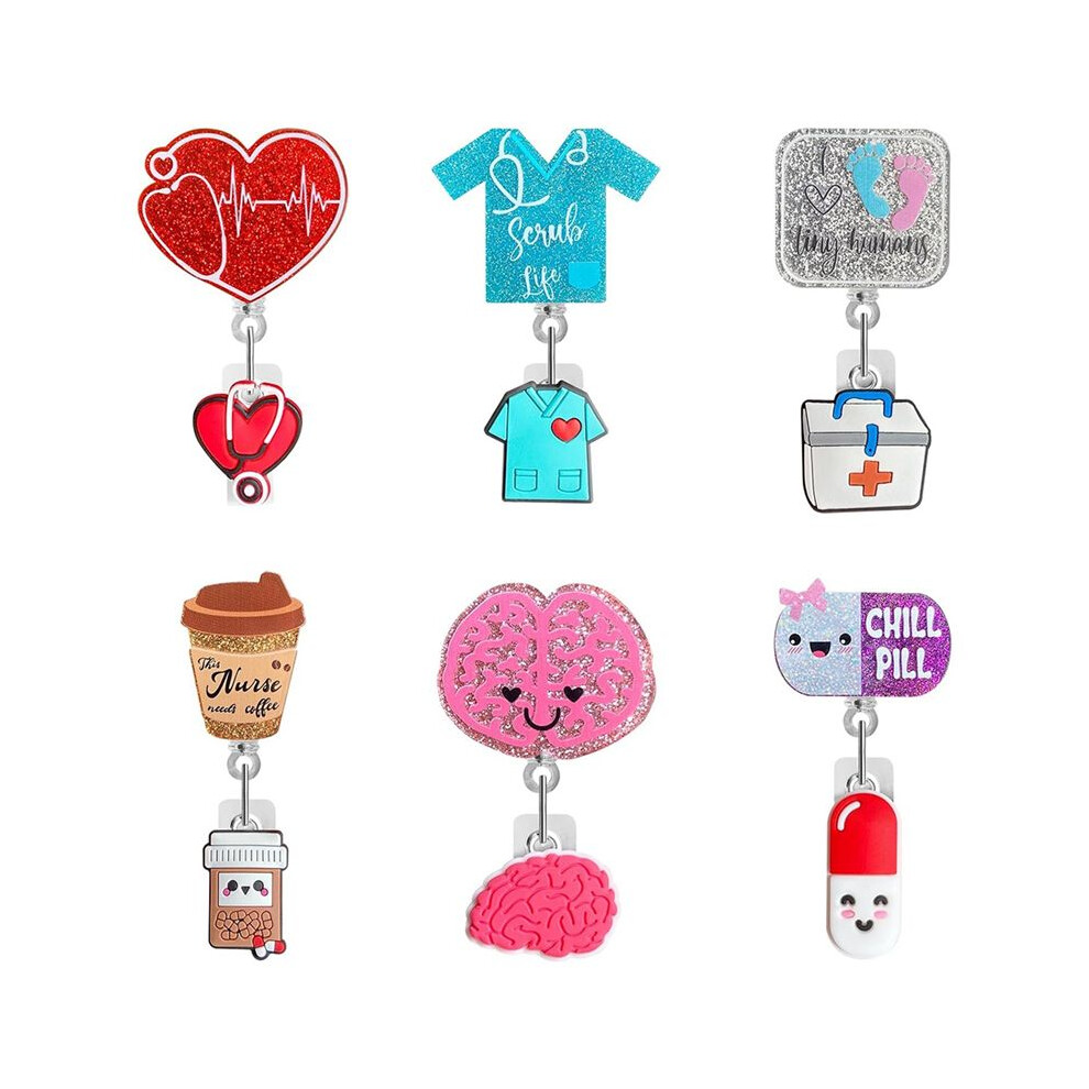 Cute Nurse Badge Reel, 6Pcs Funny Nursing Id Card Glitter Badge Holder Retractable Clip Nurse Name Tag Holder 6031972195061