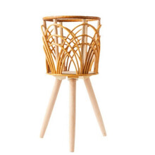 Rattan Indoor Plant Stand Straw Woven Flowers Pot Holder Stool with Legs Floor Planter Baskets Rack Wooden Plant Shelf B