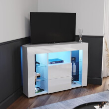 Corner TV Stand with RGB Lights, 100cm High Gloss Black TV Unit with 2 Glass Shelves and 2 Drawers(Rebound Device), Led TV Unit for Living Room