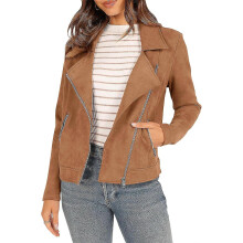(Camel,X-Large)Women's 2023 Fall Faux Biker Moto Jacket Fashion Sleeve Zipper Short Casual Coats With Pockets