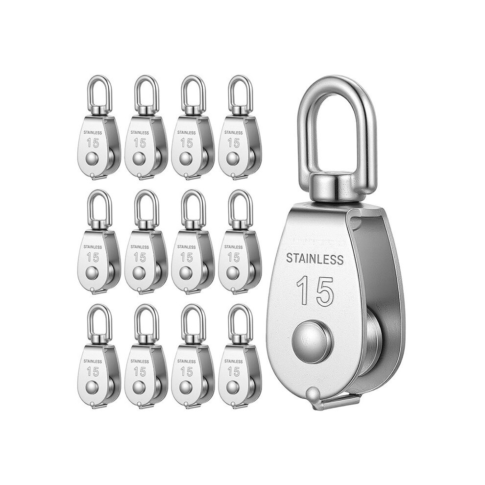 12 Pack M15 Pulleys For Rope, 304 Stainless Steel Heavy Duty Swivel Pulley Wheel Hanging Wire Towing Wheel For Lifting 4713588540016