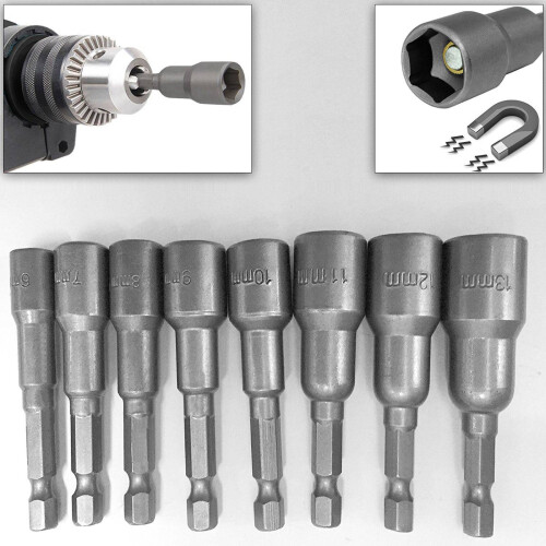 16Pcs 1/4 Inch Hex Magnetic Nut Driver Socket Set Metric Impact Drill Bits 6 to 13mm Adapter 1