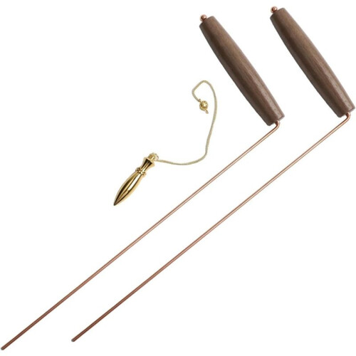 Brass Divining Rod Kit Walnut Handle Copper Dowsing Rods Pendulum for Water Mineral Detection Metal Detecting Tool Set
