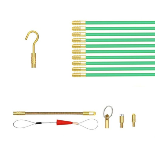 Fiberglass Fish Tape Cable Rods, Electrical Wire Running Pull/Push Kit with Hook and Hole Kit Glow Rod, Hook Hole 1