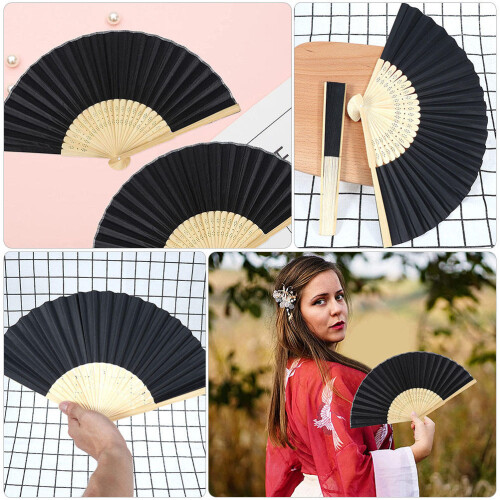 9Pièces Éventails Pliants Bambou Et Toile Noirs Décoratifs DIY 2