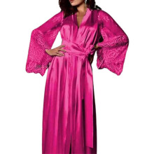 (M,Rose Red)Women Patchwork Faux Silk Lace Gown Robe Lingerie Nightwear Sleepwear Nightgown