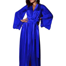(M,Blue)Women Patchwork Faux Silk Lace Gown Robe Lingerie Nightwear Sleepwear Nightgown