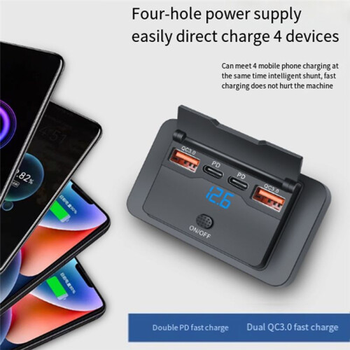4- 12V 108W Dual PD+Dual QC3.0 USB Charger W/ Digital Voltmeter  Socket Power Outlet Panel Adapter