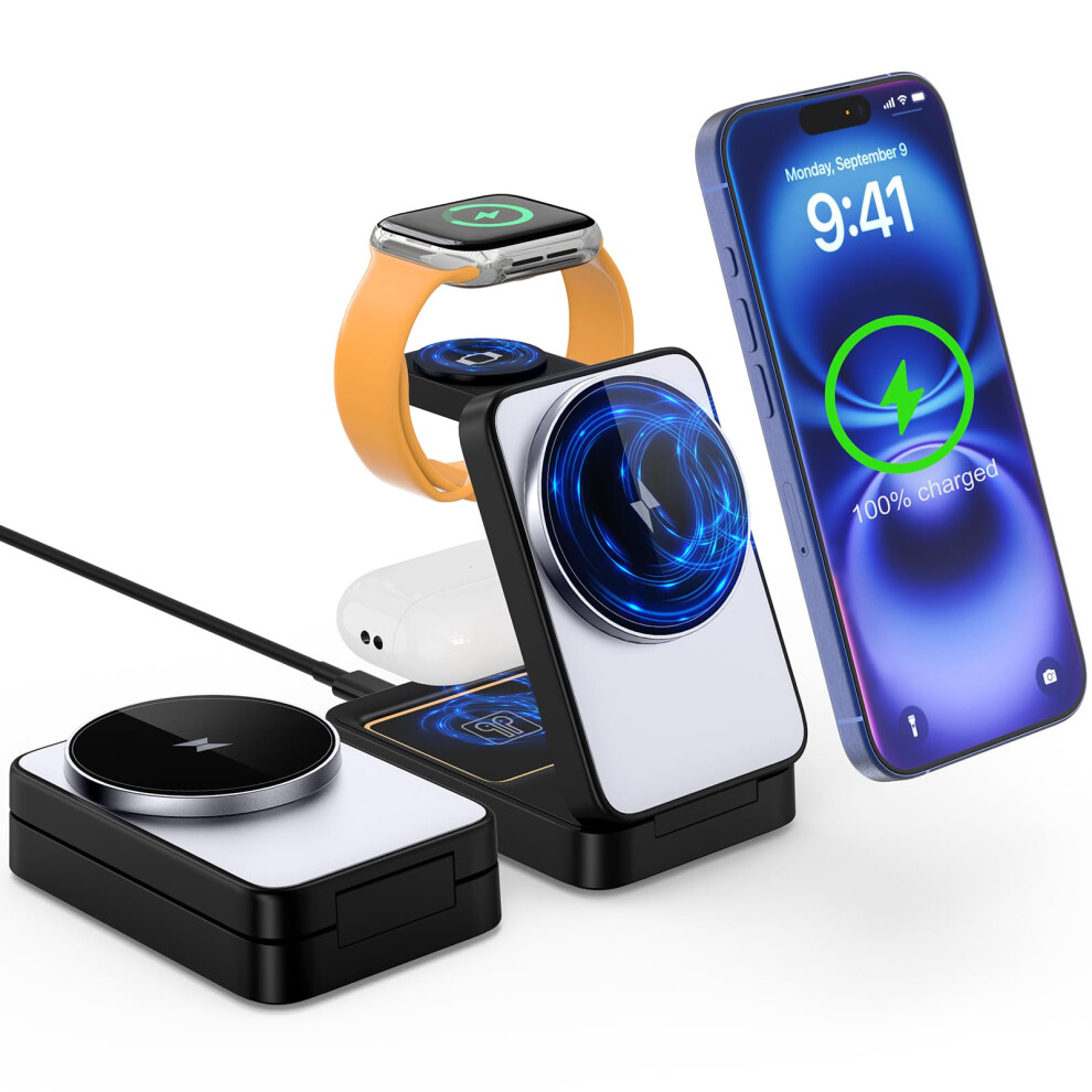 3 In 1 Wireless Charger Station Fast Charging Magsafe Compatible For Iphone 16Â11 Pro Max Airpods Apple Watch Foldable Magnetic Travel Stand 9169991312811