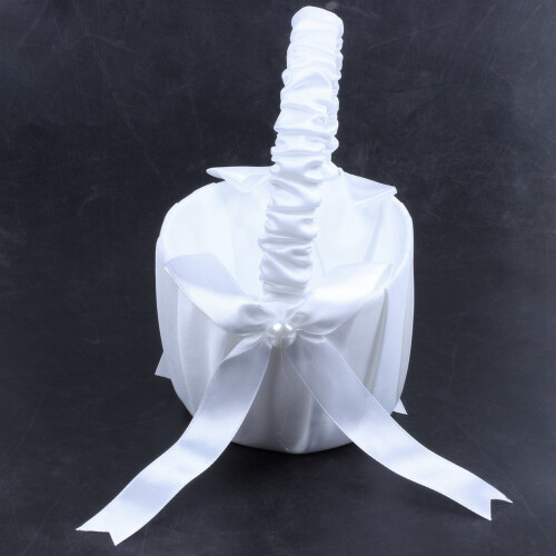 2X Weiss Satin Perlen Hochzeit Blumenmaedchen Korb Bowknot Dekor 2