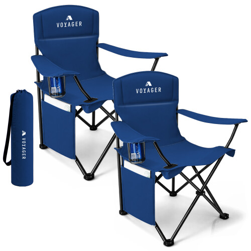 Voyager Pouch Folding Camping Chairs Steel Frame 2 Pack Navy Blue