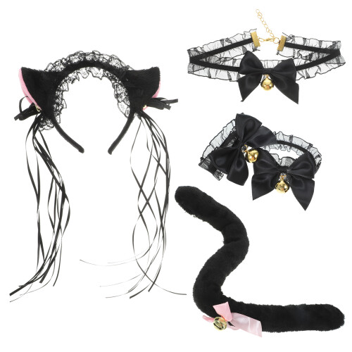 3Sets Comfortable Black Plush Fox Ears Tail Choker Wristband Set