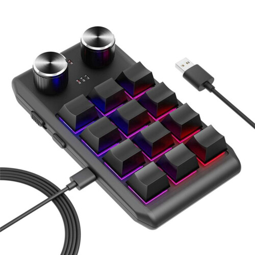Custom Keyboard Volume Button Knob Programming Macro Gaming Hotswap Keypad Black, 12 Keys 2 Knob